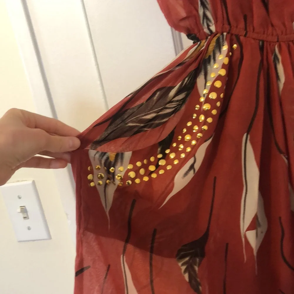 Red Vintage Bohemian Feather-Patterned Dress (Donating 4/15) - Picture 5 of 6
